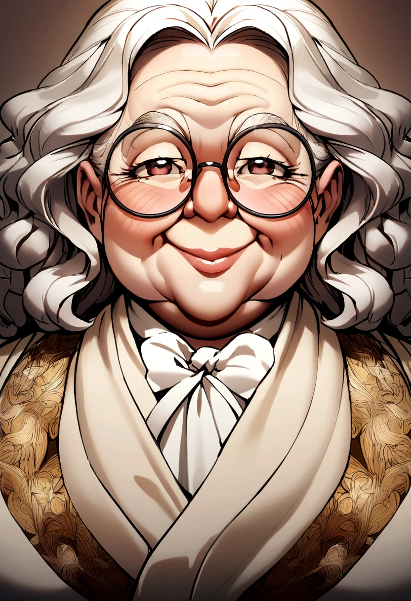 wearing big, round glasses, chubby old lady, face focus,bust,attractive60Generation,smiling,Benevolent, warm,short wavy hair