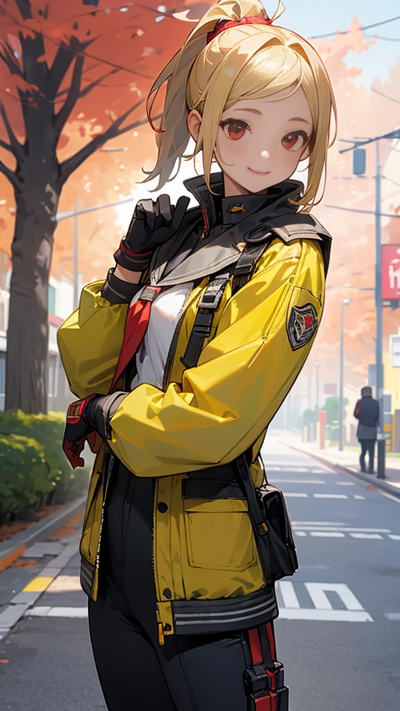 (Highest quality, Super detailed, Realistic), A girl full of vitality、High school girls、、Riders jacket、Blonde、Red eyes、ponytail、gloves、Bright smile、Standing in front of a street tree