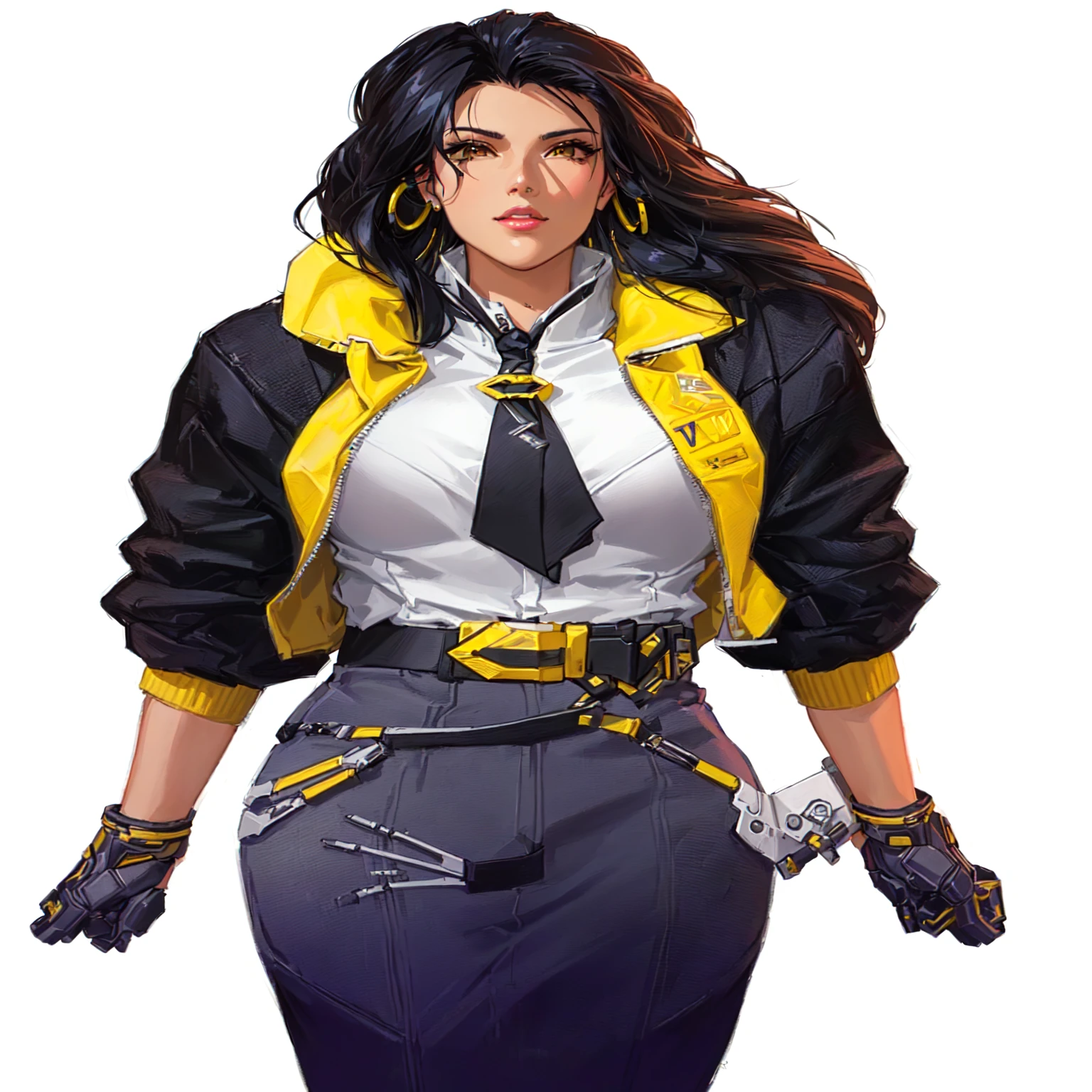 A close-up of a woman wearing a yellow jacket and black tie with hoop earrings, faye san valentin, kate obispo, Judy Alvarez Cyberpunk, wearing cyberpunk jacket 2 0 7 7, Portrait of Tifa Lockhart, faye san valentin from cowboy bebop, Loba Andrade de Apex Legends, Brigitte de Overwatch, Portrait of Tifa Lockhart, jet black haired cyberpunk girl, cyberpunk femme fatale