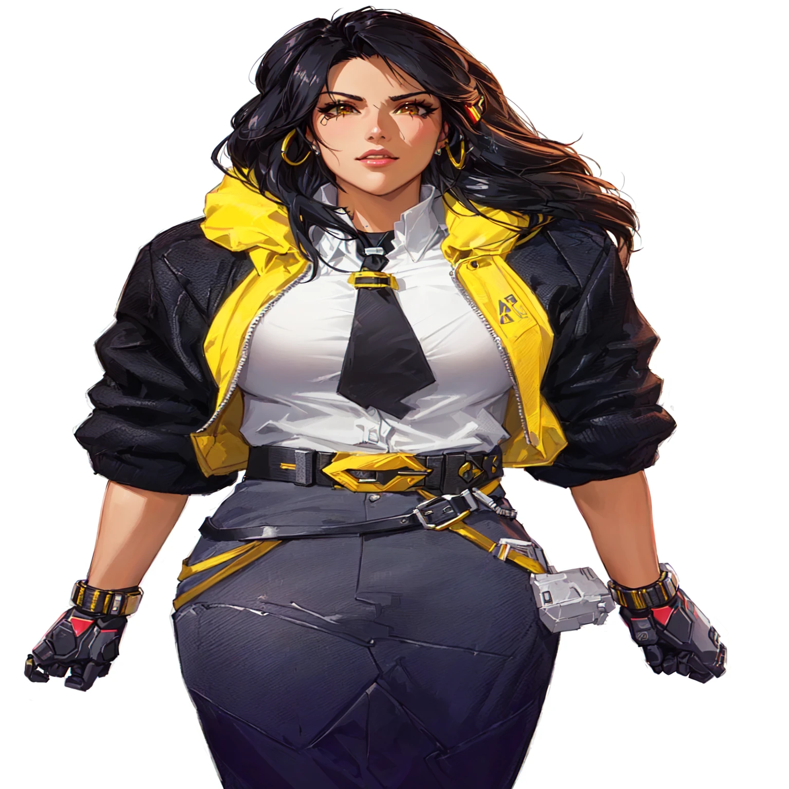 A close-up of a woman wearing a yellow jacket and black tie with hoop earrings, faye san valentin, kate obispo, Judy Alvarez Cyberpunk, wearing cyberpunk jacket 2 0 7 7, Portrait of Tifa Lockhart, faye san valentin from cowboy bebop, Loba Andrade de Apex Legends, Brigitte de Overwatch, Portrait of Tifa Lockhart, jet black haired cyberpunk girl, cyberpunk femme fatale