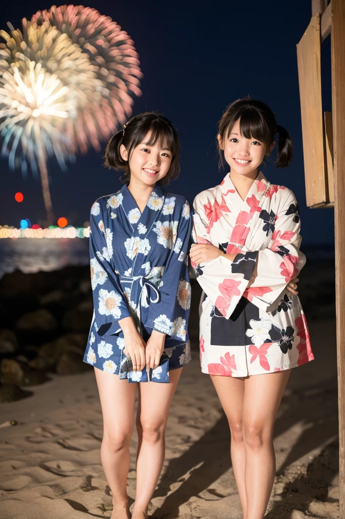 2 girls in beach at night,long-sleeved yukata,fireworks,18-year-old,bangs,a little smile,thighs,knees,short hair with low pigtails bunches,from below,front light