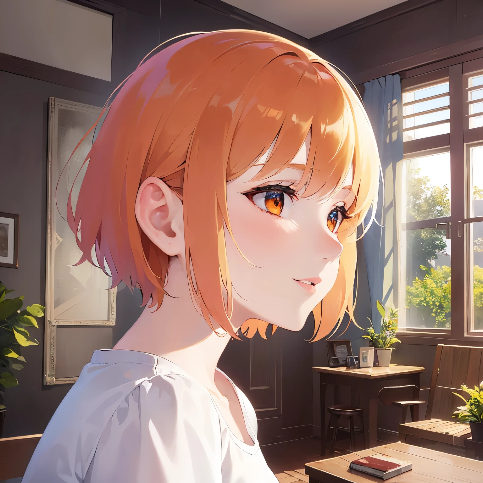 (looking away:1.5),Side shot、Upper Body, Realistic, real person, (pale skin: 1.2), RAW photo, photorealistic, shiny skin, shiny hair、(A 25-year-old woman with a bob cut and bangs) and (orange hair) and (Orange Eyes) , Wearing a white V-neck T-shirt 、smile, The background is the living room、chatting