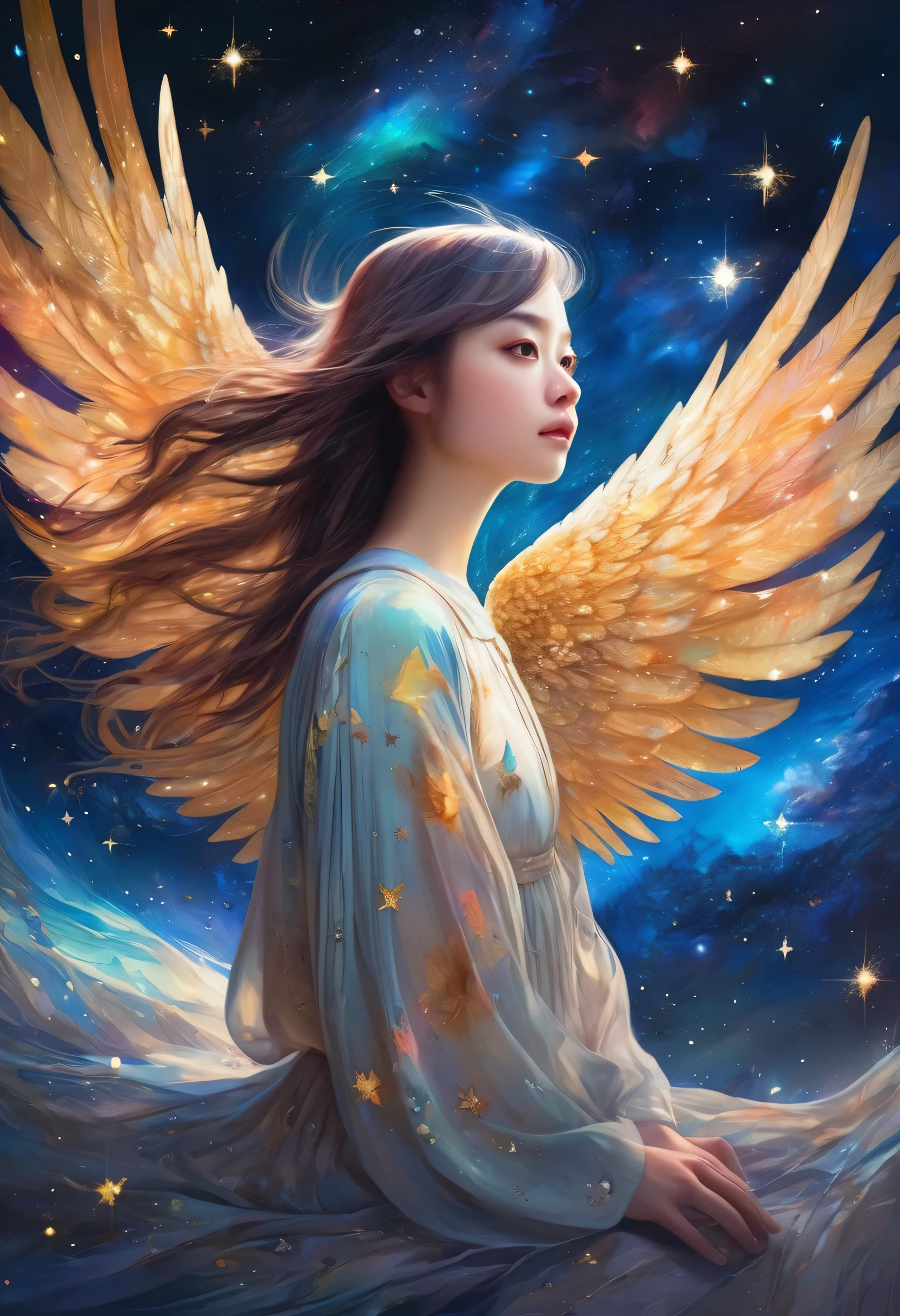 Girl with wings on her back、Angel wings、Girl flying in space、A girl flying in the Starry Sky、Beautiful face girl、Farbe々なFarbeの星の光、diego gisbert lawrence、Joe San Gonzalez Dan Mumford、Picture book illustrations、Psychedelic Art、Starry Sky、nebula、vague、superwide shot、Highest quality、Ultra-detailed、Intensive、Golden ratio composition、Kanna Hashimoto