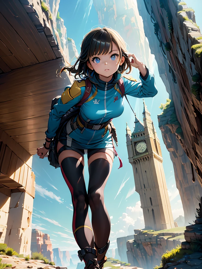 a young female  adventurer, she is standing in front of the tower, looking up, low angle, the background, A huge tower nestled in a magnificent canyon, magnificent and fantastic scenery, beautiful girl, vivid color