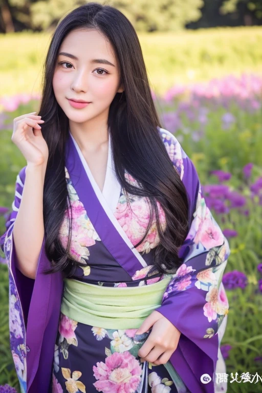Super super realistic、high quality、Very detailed、Ultra-high resolution、Black Hair、Long Hair、The Beauty of Japan、No makeup、double、Wide-set eyes、Sensual eyes、Sleepy eyes、Apple Cheeks、Alabaster peel、Thin eyebrows 、teeth、Thick lips、Big Hips、sad、behind、Embarrassing 、Apply blush all over the face、Sticking out tongue、Mole under eye、Half-closed eyes、Hollow Eyes、envy、Exhausted、19 years old、height: 147cm、she wearing deep purple and black kimono、standing on Flower Meadow of Delphinium、sunlight、full body、blue sky、glint、