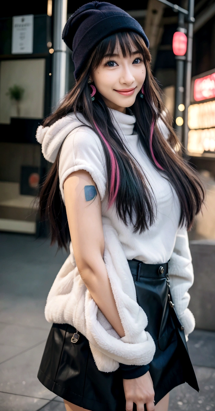 eida, long hair, bangs, blue eyes, very long hair, blue hair, pink hair, multicolored hair, earrings, blunt bangs, two-tone hair, streaked hair, beautiful, beautiful woman, perfect body, perfect breasts, wearing a beanie, wearing a winter jacket, wearing a duffle coat, carrying a bag, wearing a watch, wearing earrings, in public, being in Tokyo city, being on the street, snow on the street, it is snowing, looking at the audience, a slight smile, realism, masterpiece, textured leather, super detailed, high detail, high quality, best quality, 1080p, 16k