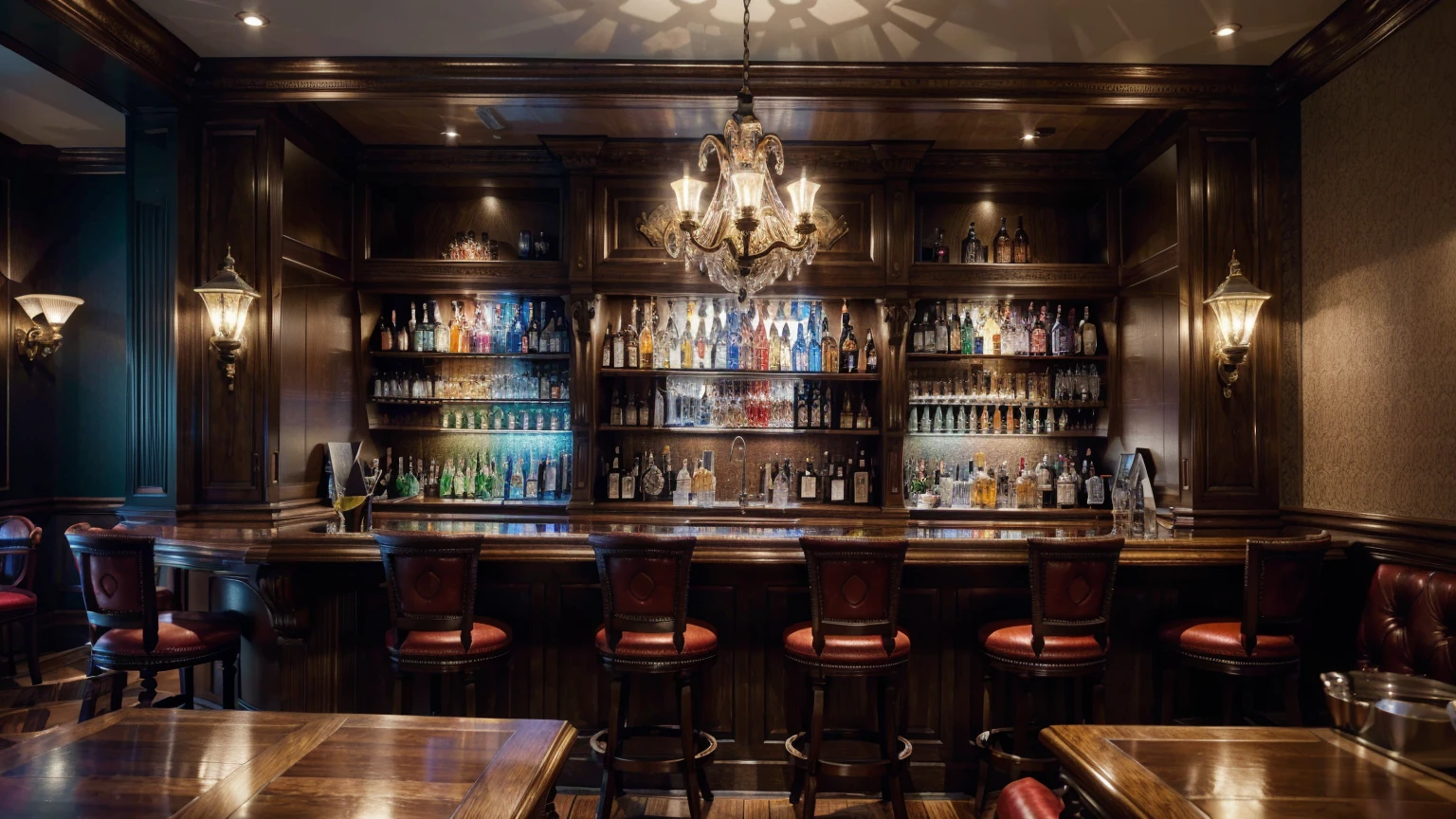 create an ultra-high definition, hyper-realistic, highly detailed, high quality image with sharp focus, professional lighting, vivid colors and intricate details, representing in detail a Pub modern, bar area with high stools, displaying a selection of spirits, shelf with drinks, meticulously capturing every intricate detail. utilize state-of-the-art deep learning models and adjust parameters according to quality metrics such as structural similarity (SSIM) and perceptual loss to create an indistinguishable image from a high-quality real photograph, sharp focus Fujifilm XT3, professional lighting, vivid colors, intricate details, film grain, realistic painting art Fujifilm XT3, f5.6, physically based rendering, natural lighting, cinematic lighting, dramatic lighting, professional, dynamic motion, colorful lighting, colors vibrant, studio lighting, professional photography, cinematic compositing, symmetrical framing, landscape, (best quality,4k,8k,16k,Highest,masterpiece:1.2),(realistic,photorealistic,photo-realistic:1.37), (extremely detailed CG unit, 16k wallpaper), 16k UHD, 16k HDR, (ultra-high definition, hyper-realistic, highly detailed, high image quality, sharp focus, professional lighting, vivid colors and intricate details),