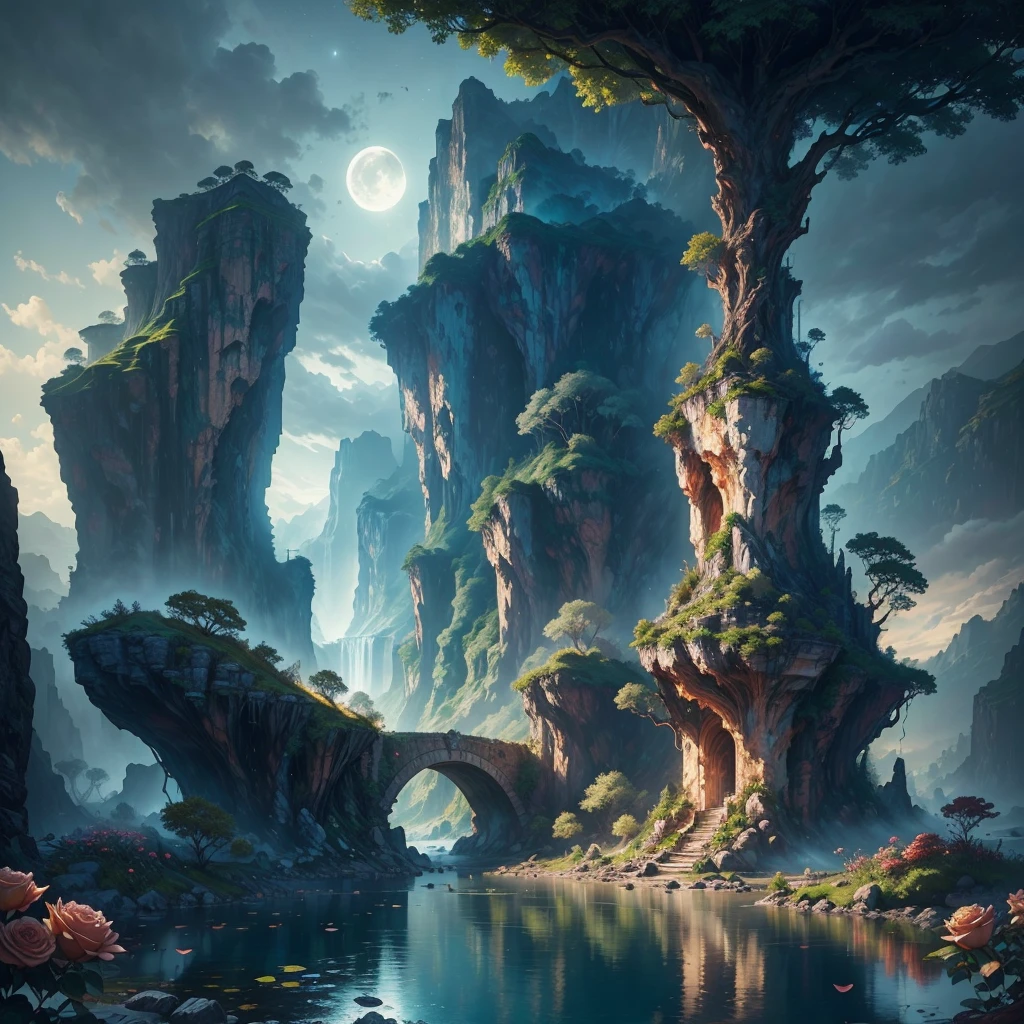 there is a large waterfall in the middle of a mountain, ancient city, epic matte painting of an island, the lost city of atlantis, an aztec city in a island lake, ancient city landscape, lost city of atlantis, marc simonetti. intricate, beautiful concept art, stunning concept art, highly realistic concept art, art style of marc simonetti, (((masterpiece))), best quality, high quality, extremely detailed CG unity 8k wallpaper, scenery, outdoors, sky, cloud, no people, mountain, landscape, water, tree, blue sky, waterfall, cliff, nature, lake, river, cloudy sky,award winning photography, Bokeh, Depth of Field, HDR, bloom, Chromatic Aberration ,Photorealistic,extremely detailed, trending on artstation, trending on CGsociety, Intricate, High Detail, dramatic, art by midjourney, tall waterfall, painting of a river with rocks and trees in the foreground, near a river, landscape, jungle, waterfall, crystal clear water, night light,((full moon)), colorful, river with rocks, rock bridge, epic, fantasy, ((roses and flowers on the banks of the pond)), ((oil painting)), moon landscape reflected in river, ((rock bridge))