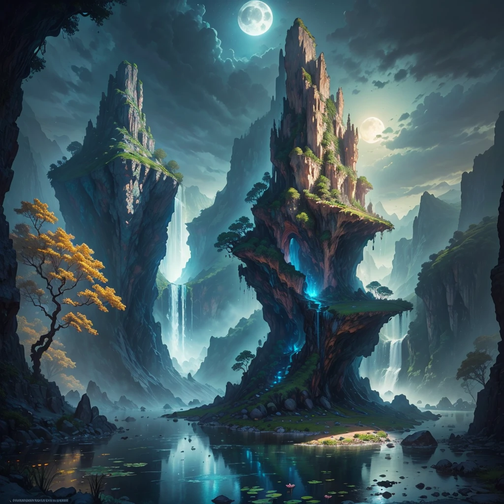there is a large waterfall in the middle of a mountain, ancient city, epic matte painting of an island, the lost city of atlantis, an aztec city in a island lake, ancient city landscape, lost city of atlantis, marc simonetti. intricate, beautiful concept art, stunning concept art, highly realistic concept art, art style of marc simonetti, (((masterpiece))), best quality, high quality, extremely detailed CG unity 8k wallpaper, scenery, outdoors, sky, cloud, no people, mountain, landscape, water, tree, blue sky, waterfall, cliff, nature, lake, river, cloudy sky,award winning photography, Bokeh, Depth of Field, HDR, bloom, Chromatic Aberration ,Photorealistic,extremely detailed, trending on artstation, trending on CGsociety, Intricate, High Detail, dramatic, art by midjourney, tall waterfall, painting of a river with rocks and trees in the foreground, near a river, landscape, jungle, waterfall, crystal clear water, night light,((full moon)), colorful, river with rocks, rock bridge, epic, fantasy, ((roses and flowers on the banks of the pond)), ((oil painting)), moon landscape reflected in river, ((rock bridge))