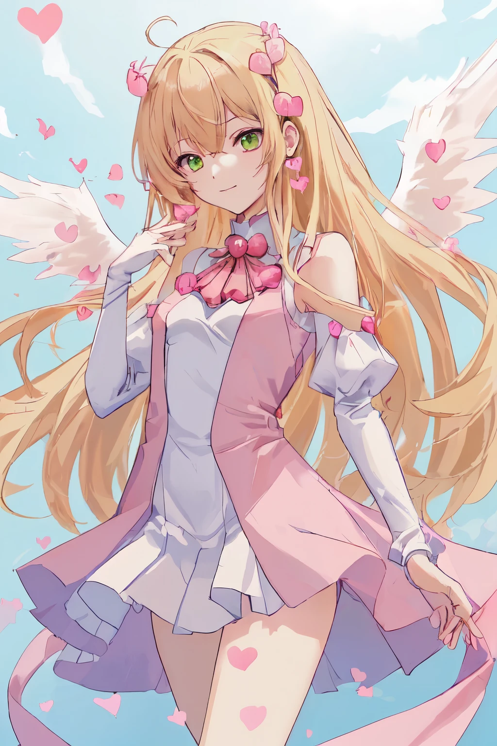 1_girl, (anime, kawai:2), (masterpeice, best_quality, clean:1.5), (sky_background:1.2), (cute, cute_smile, young:1.5), (delicate, extremely_delicate, beautiful, thin:1.5), (girlfriend, angel:1.8), (green_eyes, simple_eyes:1.8) (long_hair, blond_hair, wearing_pink_dress, pink_angel_wings, sexy_gloves:1.5), extremely_delicate, (love_magic:1.5), (age_size_fits_body), (small_thighs:1.3), (breasts), (eye_level:1.3), (heart_magic, love:1.5), (folded_legs:1.5)