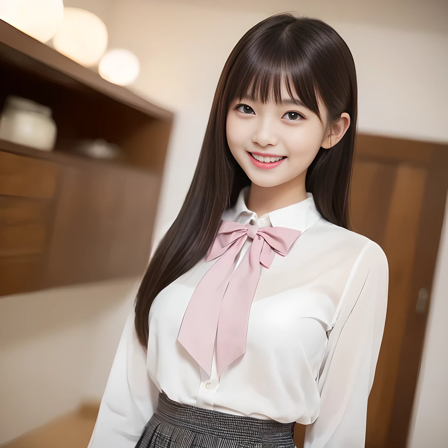 (highest quality, masterpiece:1.2), highest quality, High resolution, 1080P, 8K, Height: 158cm, ((A noble and intelligent girl like Japanese cute girly lady is hypnotizing and giggling, A very sweet, very noble, pretty and neat Japanese beautiful cute girl. Realistic very girly sweet cute princess is standing)), ((((14 years old, popular fashion model)))), ((((White face with plump cheeks)))), Glossy lips, (Evenly cut bangs), ((Very beautifully laughing brown drooping gooey eyes)), (The very large, shiny, wide yellow ribbon bow-tie on her chest is very cute)., ((straight black very very long straight hair)), (((pink colored blouse))), (A neat school uniform), Very lustrous, glossy lips, Open hand over open mouth, Beautiful hair like a hair model, yellow hair ribbons, ((black pleated long skirt)), Watching the viewer and laughing, ((Incredibly well organized, The expression is rich. plump and beautiful skin and face)), ((Pure and clear sweetly smiling eyes)), Long eyelashes, ((smiling at me)), Glossy Lips, ((noble and neat)), ((Like a succubus is fascinating with magic and giggling)), ((((fascinating)))), ((highly up-curved lips)), ((looking at the viewer directly))