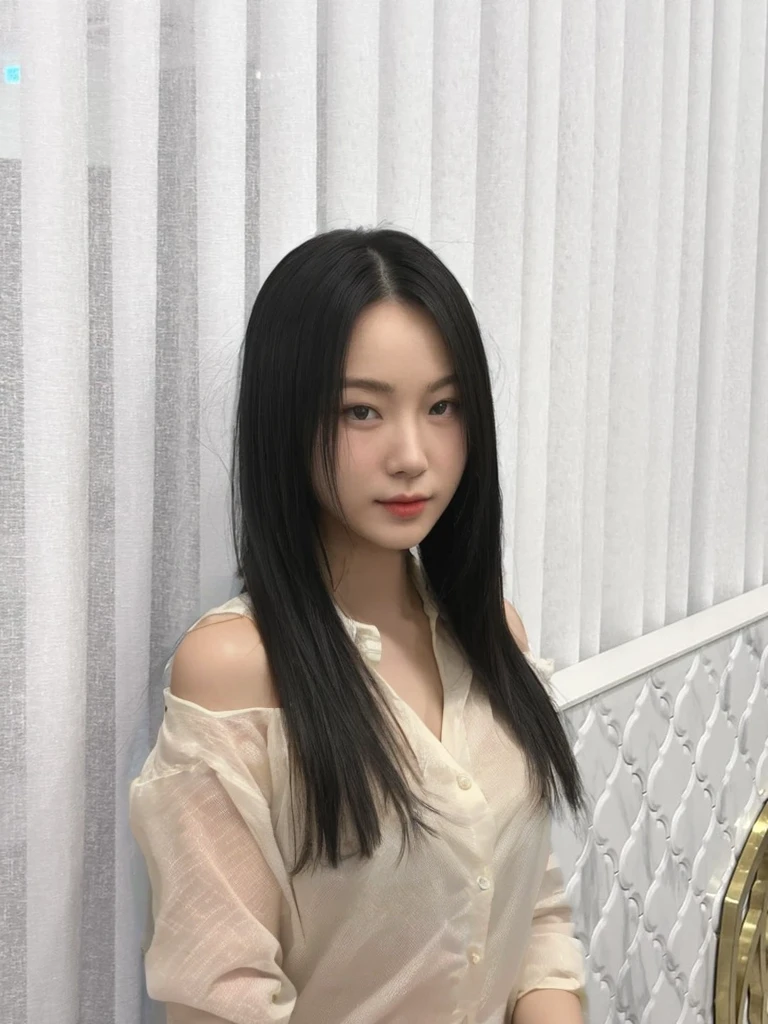 Best Quality, 8k, Masterpiece, (Portrait: 1.3), (photo realistic:1.4), (hyper realistic:1.4), Sharp Focus, looking at viewer, (smoother lighting:1.1), (increase cinematic lighting quality:0.9), realistic lighting, backlighting, light on face, ray trace, (brightening light:1.2), (Increase quality:1.4), sharp detail, (best quality real texture skin:1.4), finely detailed eyes, black_eyes, finely detailed face, 25 year old Korean woman, (white formal_shirt:1.4), (Create an image maintaining the original base model hairstyle:1.5)