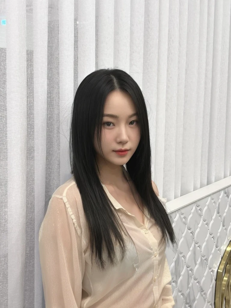 Best Quality, 8k, Masterpiece, (Portrait: 1.3), (photo realistic:1.4), (hyper realistic:1.4), Sharp Focus, looking at viewer, (smoother lighting:1.1), (increase cinematic lighting quality:0.9), realistic lighting, backlighting, light on face, ray trace, (brightening light:1.2), (Increase quality:1.4), sharp detail, (best quality real texture skin:1.4), finely detailed eyes, black_eyes, finely detailed face, 25 year old Korean woman, (white formal_shirt:1.4), (Create an image maintaining the original base model hairstyle:1.5)