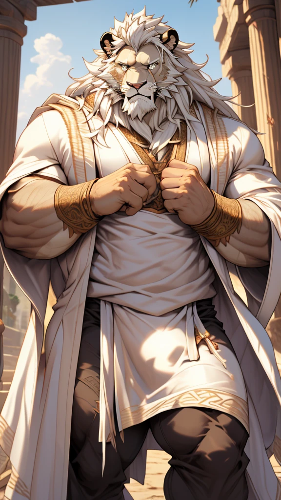 (masterpiece),(highres),(intricate details:1.4),extremely detailed,(illustration:1.2),8k,photorealistic,exquisite,,aged,elder male lion ,muscular, (Ancient Greek mythological style;1.8)(white robe:1.6),manhood,safeguard,(white hair:1.3),long hair,long white beard,scar,(badly damaged),(sacrifice),hurt,broken body ,(bulging crotch:1.8),(homosexual),(sexy)