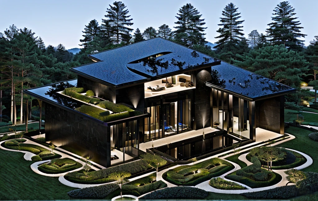 3D render of a beautiful house, Dark, gray tones, white wall. lumion render, night time render, insanely detailed rendering, realistic architecture, architectural visualization. The staircase leading into the house is tiled with black marble and has bright LED lights. Behind are hills and mountains with clear blue sky. The house with a large porch to sit and drink tea and LED lights, there is a large patio with a POOL, pine trees, grass, garden stones, roses, modernism, vivid and detailed, zen garden, lush garden surroundings, residential design, lush landscaping, dense with greenery, pristine and clean design, clean and pristine design. FLOWER GARDEN OF THE HOUSE WITH GREEN TREES AND LIGHTS. The main door is made of black aluminum and glass reaching up to the ceiling. Looking through the glass windows to look inside the house with luxurious interiors with luxurious and warm lights, interior lighting rendering and lighting effects. marble and wood and glass, dark and modern, luxcore render, taken with professional photography techniques, using a wide angle lens with bright natural light and high resolution details, in the style of professional photograph, hyper realistic, highly detailed.