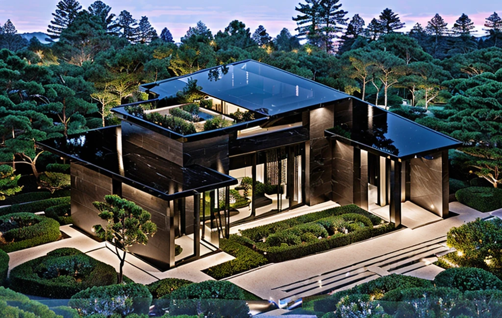 3D render of a beautiful house, Dark, gray tones, white wall. lumion render, night time render, insanely detailed rendering, realistic architecture, architectural visualization. The staircase leading into the house is tiled with black marble and has bright LED lights. Behind are hills and mountains with clear blue sky. The house with a large porch to sit and drink tea and LED lights, there is a large patio with a POOL, pine trees, grass, garden stones, roses, modernism, vivid and detailed, zen garden, lush garden surroundings, residential design, lush landscaping, dense with greenery, pristine and clean design, clean and pristine design. FLOWER GARDEN OF THE HOUSE WITH GREEN TREES AND LIGHTS. The main door is made of black aluminum and glass reaching up to the ceiling. Looking through the glass windows to look inside the house with luxurious interiors with luxurious and warm lights, interior lighting rendering and lighting effects. marble and wood and glass, dark and modern, luxcore render, taken with professional photography techniques, using a wide angle lens with bright natural light and high resolution details, in the style of professional photograph, hyper realistic, highly detailed.