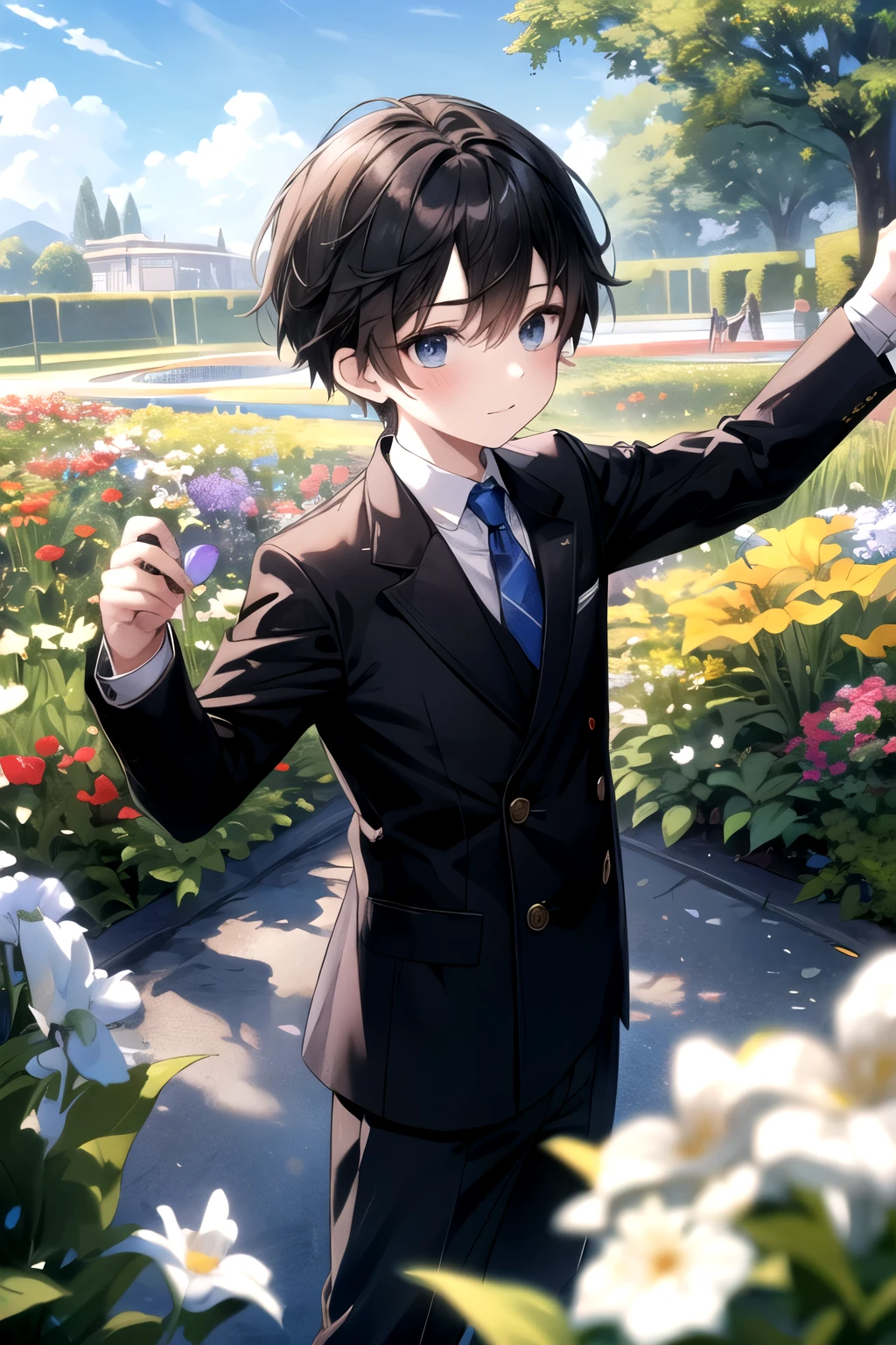 a small boy, black jacket, a beautiful flower garden, blue sky, masterpiece, (high quality)