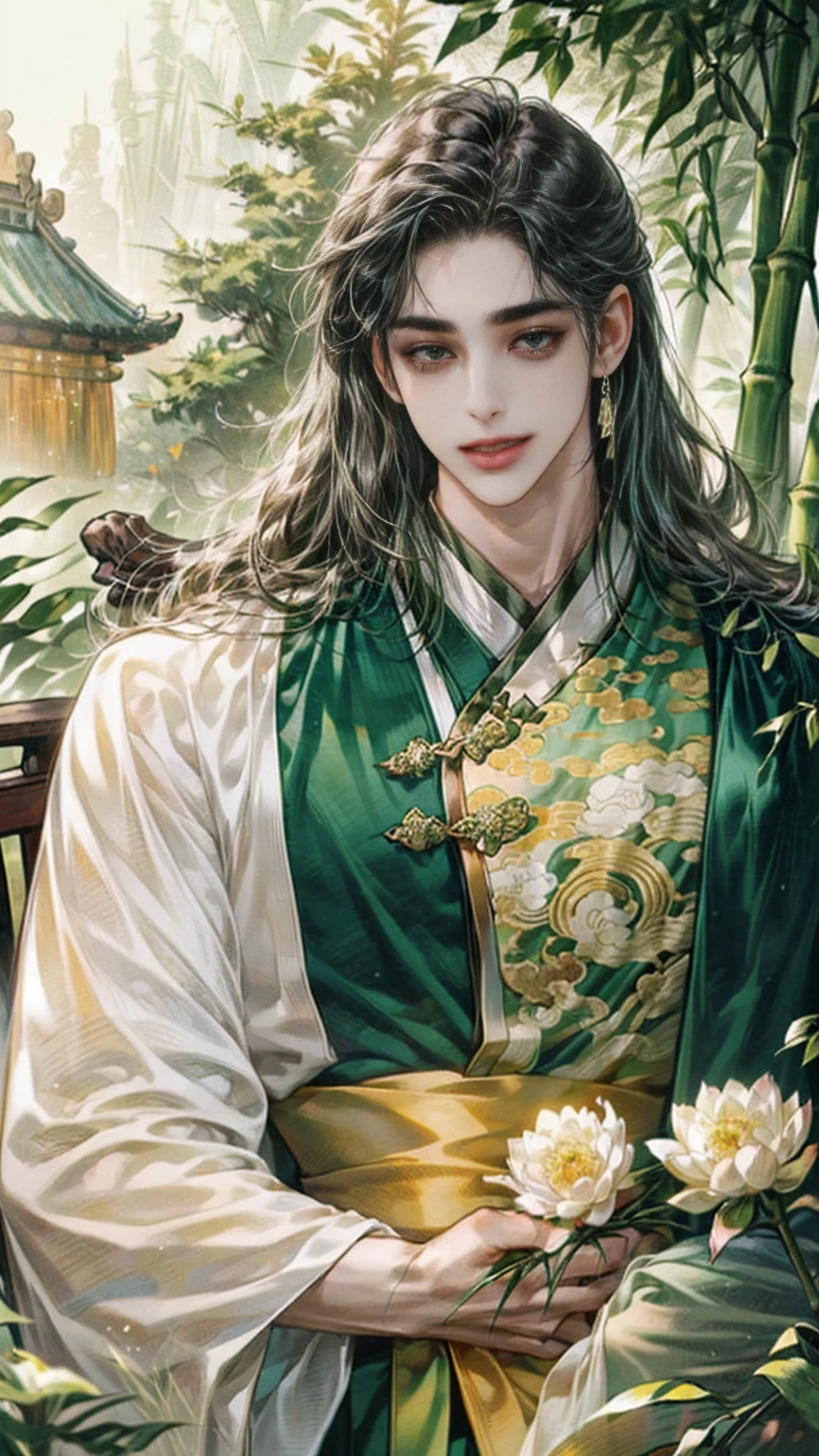 (((best quality))),masterpiece,ultra high resolution,extraordinarily beautiful youth, a bright, innocent smile,All green clothing,((boy 20 year old, green hanfu,green clothing, Chinese shirt style)) ,boy character ,((Thick black long hair)),beautiful face,detailed interior, detailed boy,((man)),(in bamboo forest), house China style, pure white lotus,beautiful and cute boy ,black eyes,((solo man)),(he has a Big eyes, charming lips, slim nose and small face),(slim figures ),