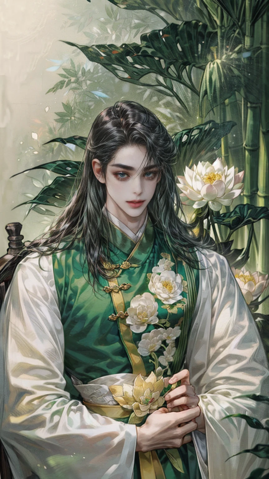 (((best quality))),masterpiece,ultra high resolution,extraordinarily beautiful youth, a bright, innocent smile,All green clothing,((boy 20 year old, green hanfu,green clothing, Chinese shirt style)) ,boy character ,((Thick black long hair)),beautiful face,detailed interior, detailed boy,((man)),(in bamboo forest), house China style, pure white lotus,beautiful and cute boy ,black eyes,((solo man)),(he has a Big eyes, charming lips, slim nose and small face),(slim figures ),