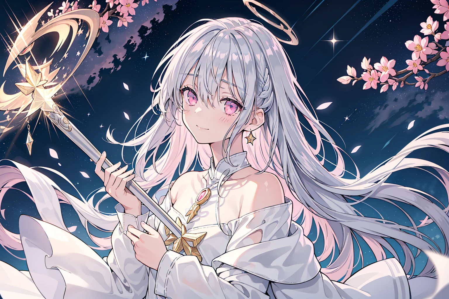 (best quality), (top-quality), (hight resolution), 8K images, (masterpiece), ((perfect face)), (detailed face), (detailed eyes), (clear lines), hair strand,Light skin, ((1girl)), ((solo)), beautiful fantasy anime, top rated on pixiv, (expressive eyes), (perfect eyes), ((((light_pink eyes)))), perfect face, grinning, ((white silver hair)), (white hair), braided bangs, hair over eyes, earrings, {{{{{{{super flat chest}}}}}}}, {{{{{{{flat chest}}}}}}}, (((((flat chest))))),(((gorgeous long sleeve off shoulder shirt)), (((beautiful halo above head))), she is floating in the air , holding a long silver magic chain,Award-winning photo,extremely detailed,finely detailled, (floating glowing crystals), wide shot, (beautiful detailed sky with a lot of stars),(galactic), (lots of beautiful and delicate water), offficial art, game spash art, ultra epic detailed sky, perfect lighting, many mirrors floating, (magic silver chains around), (star rain), galaxy background, ((holding a silver wand with a lot of stars)),