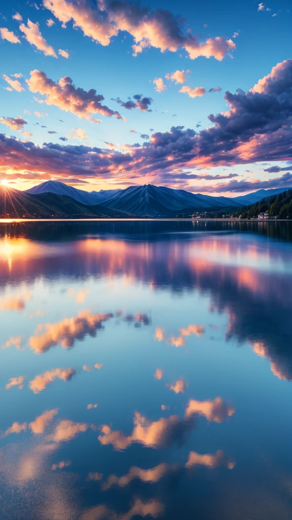 A calm lake,Blue sky,White Cloud,Sunset,best quality,8K,Shock。