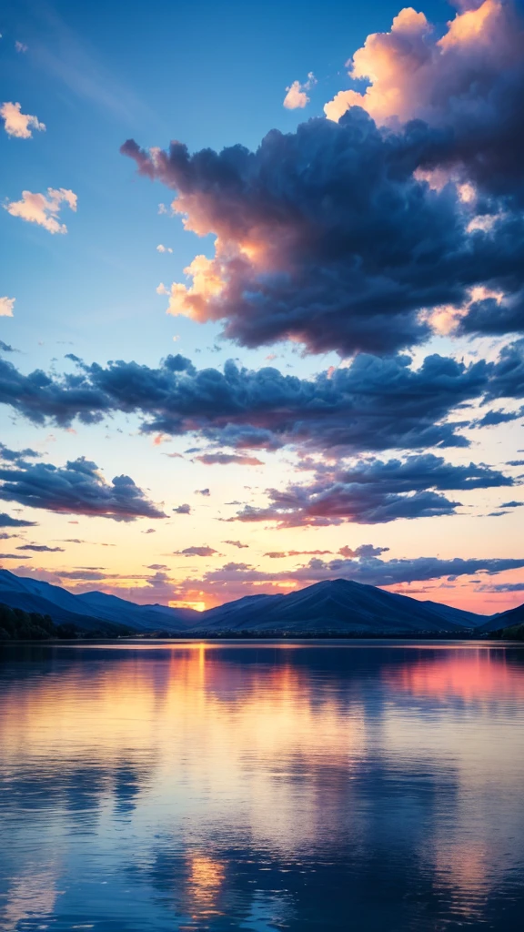 A calm lake,Blue sky,White Cloud,Sunset,best quality,8K,Shock。