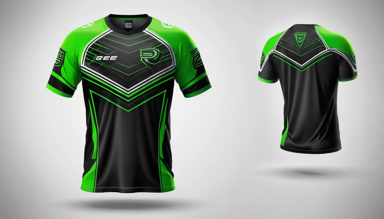 a rad and green jersey with a futuristic design, racing, e-sport style, no jersey, sport clothing, wearing a volleyball jersey, sports clothing, black jersey, shirt design, t shirt design, e-sports logo vector, esports, realistic clothing, tshirt design, t - shirt design, t-shirt design, gaming, professional sports style, sport t-shirt