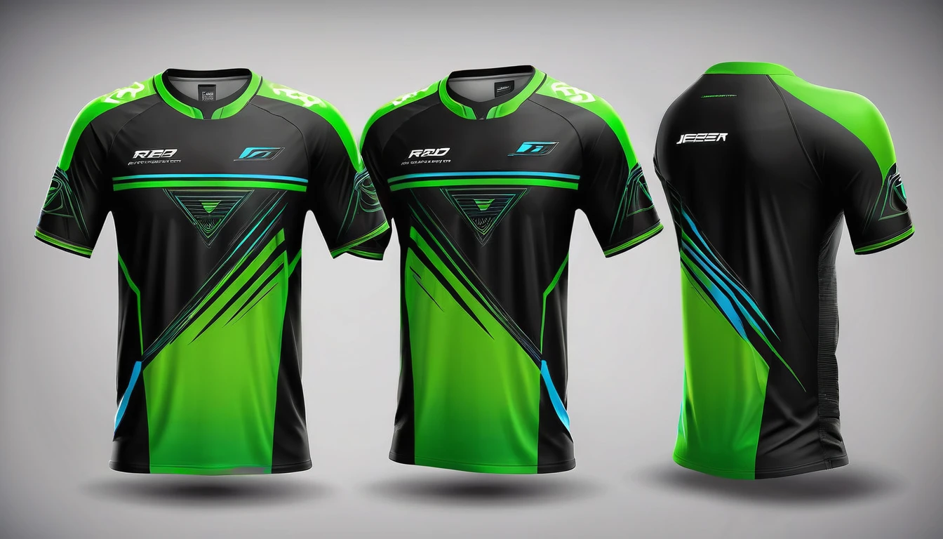a rad and green jersey with a futuristic design, racing, e-sport style, no jersey, sport clothing, wearing a volleyball jersey, sports clothing, black jersey, shirt design, t shirt design, e-sports logo vector, esports, realistic clothing, tshirt design, t - shirt design, t-shirt design, gaming, professional sports style, sport t-shirt
