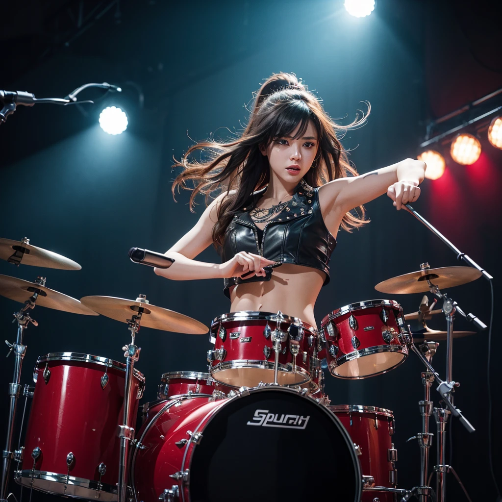 beautiful girl, playing drums, music studio, attractive, high detail, photorealistic, dramatic lighting, dynamic movement, expressive face, long hair, tight leather outfit, spiky accessories, vibrant colors, moody atmosphere, studio props