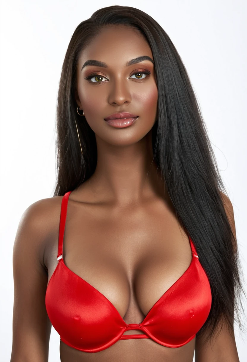 Woman in red lingerie posing for photo. fine details in everything, a beautiful woman, beautiful Latin face, Brazilian supermodel, stunning beauty, stunning, Angolan descent, most beautiful woman in the world, jaw-dropping beauty, young adult 30 years old, She has an exotic beauty, native Brazilian , tall woman, a stunning black African woman, with indigenous features, beautiful indigenous girl, ((An indigenous African girl with European ebony)), ((her beauty is undeniable)), beautiful young ebony girl with dark skin, tanned Mexican. *hair: Straight black hair, voluminous black hair, long black hair. *eyes: eyes are green and expressive, beautiful green eyes, realistic green eyes, detailed green eyes, ultra realistic, symmetrical, hyper realistic, (eyeliner, long eyelashes ), intense and penetrating look, seductive, mysterious and charming look, the look has magnetism, attraction and fascination.* Eyebrows: perfect eyebrows that arch gracefully above the eyes and are thick. * the nose is small and proportional to the face and smooth contour of the face that accentuates the high cheekbones. *Mouth: Attractive and irresistible mouth, lips are well defined, full lips, voluminous lips, seductive lips, captivating, striking, unforgettable, mischievous, sexy, her features are captivating, seductive expression, a seductive smile is enigmatic*Face Shape: The face is oval, with high cheekbones and a well-defined jawline, beautiful and detailed face.*Makeup: Makeup is subtle , but enhances natural features.Skin Tone: Skin is olive, with a healthy, even glow, with brown skin, brown skin, sexy girl with dark skin, detailed skin texture, Beautiful and glowing skin, intricate details, skin smooth, healthy and radiant appearance.*healthy body: slim and attractive woman, large and firm breasts, athletic body, thin waist, wide hips, big butt, thick thighs, shapely legs. Resolution: 3D 4k, high resolution, full sharpness photo realistic, breathtaking, Lentille nette, Photographie pro