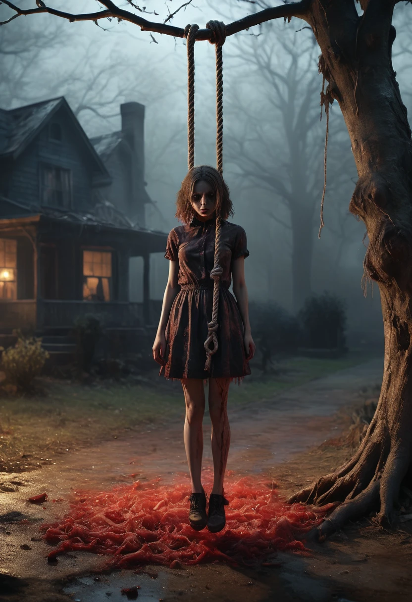 A haunting masterpiece, of unparalleled quality, showcasing a tragic scene of a teenage girl hanging from a tree. The rope around her neck, reminiscent of a hangman's noose, is rendered in exquisite detail, a testament to the artist's skill. The atmosphere is horrific, laden with sadness and a profound sense of melancholy. The girl's torn clothing is rendered with vibrant colors, contrasting starkly with the somber scene.

The dramatic lighting, inspired by chiaroscuro, creates a cinematic atmosphere, with deep shadows and highlights that evoke a moody, gritty, and dark gothic ambiance. [The character is surrounded by mist, evoking a mysterious and eerie atmosphere. The lighting is dark and atmospheric, with a red smoke adding a touch of sinister ambiance. The image is of the best quality, with a resolution of 4k and HDR enhancement, showcasing the utmost level of detail and realism, sfw, full body shot.]. [8K, Best Quality, Masterpiece, Ultra High Resolution, (highly detailed CG unity 8k wallpaper), (best photo), (best shadows), isometric 3D, octane rendering, ray tracing, highly detailed, (Best quality, 4K, 8k, A high resolution, masterpiece:1.2), absurdity, masterpiece, ultra detailed, (realistic, photorealistic, photorealistic:1.37), complex parts, HDR, (complex parts:1.12), (hyper detailed, hyper realistic, Soft lighting, spicy:1.2), (complex parts, Hyper detailed:1.15). Blurred foreground. (backlit), realistic, masterpiece, high quality, brightness, chromatic aberration, 8k uhd, some smoke, shadows, contrast, clear sky, (warm hue, warm tone), high details, natural reflections]. 