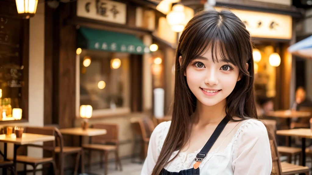 Cute girl working at a cafe terrace　Japanese　１９age　
Professional Lighting　Digital SLR　Beautiful and elaborate face　Perfect and beautiful face　Big eyes Smile