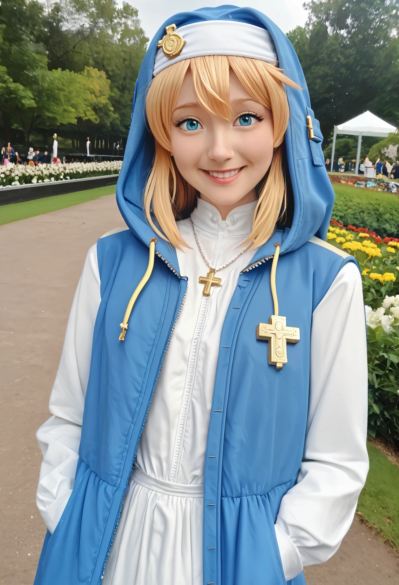 masterpiece, best quality, 1 Girl, beautiful, beautiful, Beautifully, Extremely complex, detailed, Blonde hair, jacket, blue eyes, ((masterpiece)), extremely detailed, best quality, high resolution, ((in the park)), Bridget, Smile,