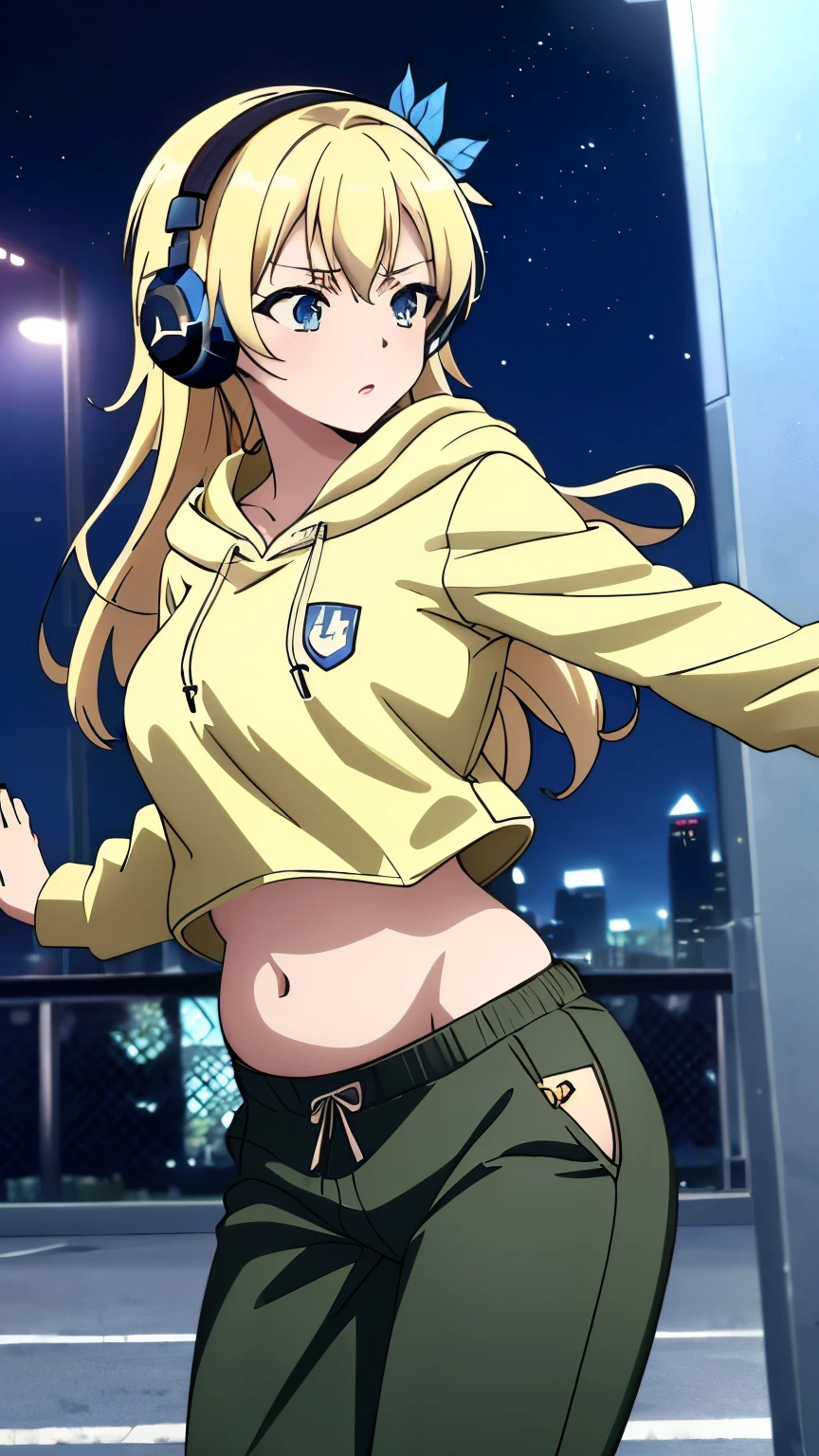 (masterpiece, best quality, 8k:1.2), (anime), sena, long hair, hair ornament, glamour, Large medium breasts, (Hip Hop Dancer Style, Headphones, Pants, Hooded Sweatshirt, Colorful Shirts, Belly Button, City, Night), dynamic angle