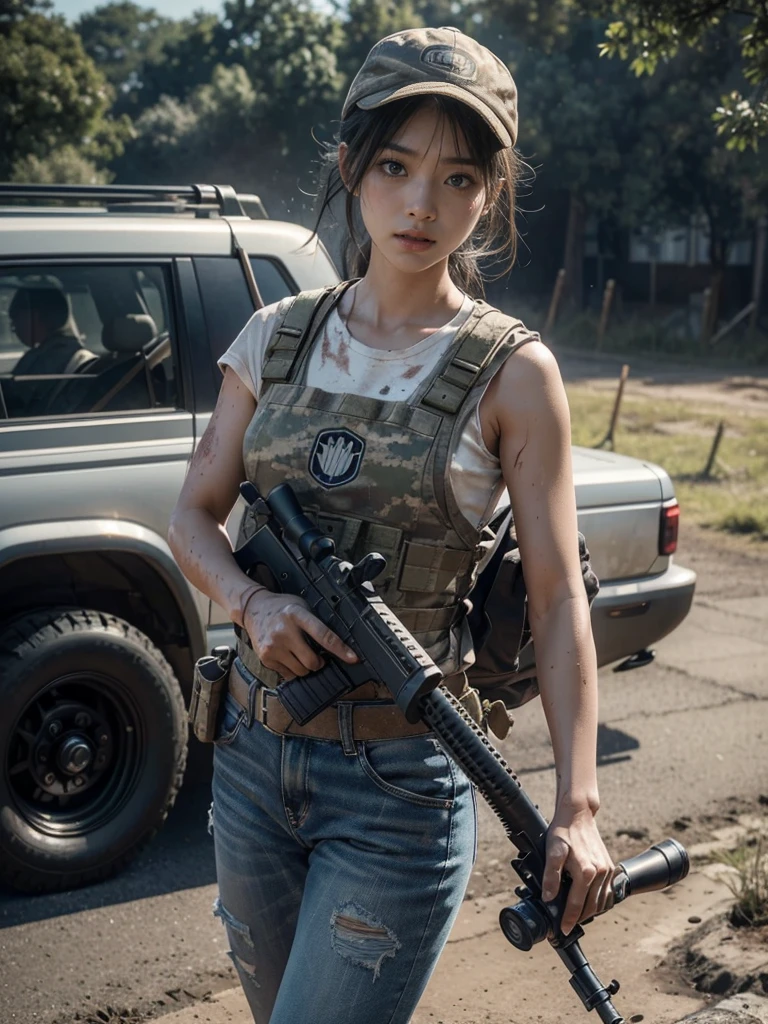 (8K, RAW photos, best quality, masterpiece:1.2),(Practical, Practicalな写真:1.4),(Highly detailed CG Unity 8K wallpaper),(Round Face: 1.5), (Fine pupils:1.3),(Cold eyes:1.1),(Unforgettable eyes:1.1),(You have beautiful eyes:1.1),
24 years old, Korean woman, Dirty face, It's full of scars、call、Bronze skin, You are wearing clothes.s. Marines,Bulletproof vest、Backpack、heavy equipment、 Battles on the battlefield, Strong muscles, World War, Modern war themes,Army girl, running、ault rifle with precise details, (Hold on to your rifle.: 1.3), (Aim and hold the rifle.: 1.3), Shootout, army, Baseball cap, car on fire, War Zone,, explode, Burning City, cigarette, Broken Tower, belly but Gloves, Torn pants, A face stained with mud and blood, Sweating of the skin, Bloody Skin, muddy skin, Declaration of determination, Accurate expression, best quality, Ultra-high resolution, Practicalな, 、Physically Based Rendering(Physically Based Rendering(Physically Based Rendering)), Movie Lighting, complicated, Movie-like feel,Like soft light, Pleasant tone, Battlefield Background, city war background, Practical, Cowboy shooting, Dynamic Angle,, Mahindra Thar, electric wire, 8K!!, 偉大なmasterpiece,, Production: Tom Karafik、Impressive pose