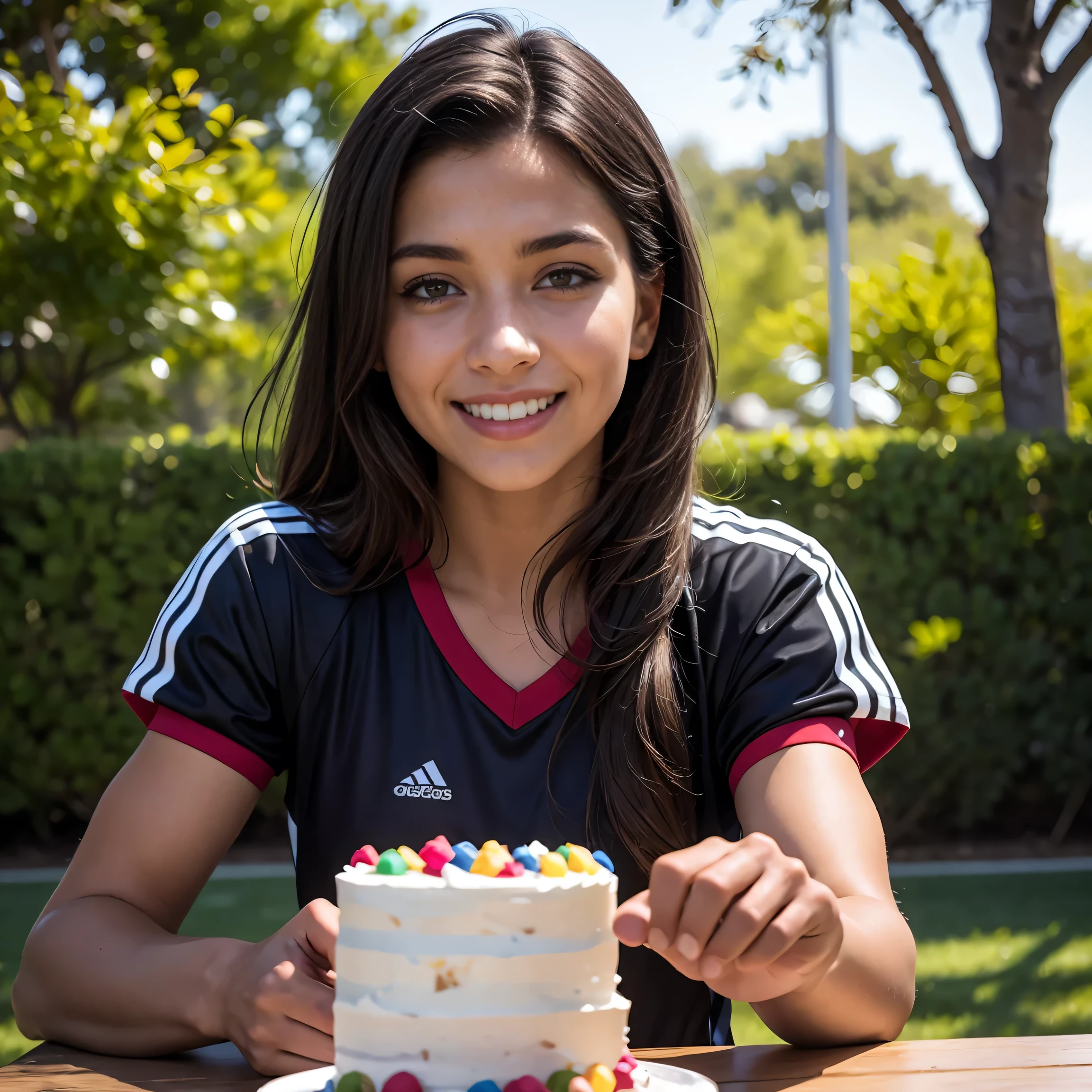 a beautiful 21 year old Brazilian girl,1girl,football,playing sports,eating cake,smiling,happy expression,long dark hair,detailed eyes,detailed face,detailed skin,detailed clothing,dynamic pose,sports equipment,outdoor environment,natural lighting,vibrant colors,photorealistic,high quality,masterpiece,extremely detailed,8k