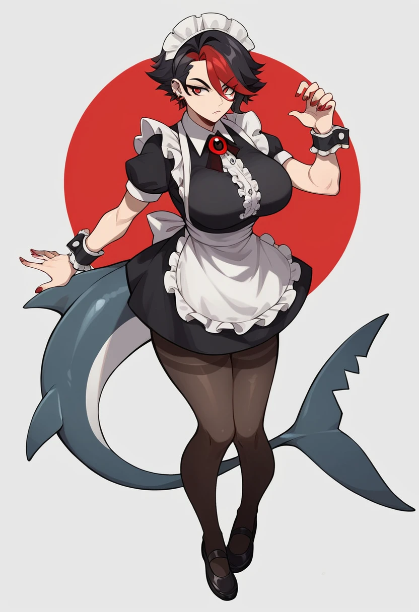 ((best quality)), ((highly detailed)), ((masterpiece)), Joe, ((1 girl)), angry, black hair, hair color, multi-colored hair, red eyes, red hair, short hair , bicolor hair, shark girl, shark tail, tail under hair, big breast, big butt, very sweaty, white bikini, transparent bikini, maid headband, sharp teeth, squat, beach, exposed pussy,