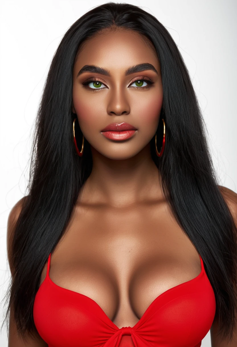 Woman in red lingerie posing for photo. fine details in everything, a beautiful woman, beautiful Latin face, Brazilian supermodel, stunning beauty, stunning, Angolan descent, most beautiful woman in the world, jaw-dropping beauty, young adult 30 years old, She has an exotic beauty, native Brazilian , tall woman, a stunning black African woman, with indigenous features, beautiful indigenous girl, ((An indigenous African girl with European ebony)), ((her beauty is undeniable)), beautiful young ebony girl with dark skin, tanned Mexican. *hair: Straight black hair, voluminous black hair, long black hair. *eyes: eyes are green and expressive, beautiful green eyes, realistic green eyes, detailed green eyes, ultra realistic, symmetrical, hyper realistic, (eyeliner, long eyelashes ), intense and penetrating look, seductive, mysterious and charming look, the look has magnetism, attraction and fascination.* Eyebrows: perfect eyebrows that arch gracefully above the eyes and are thick. * the nose is small and proportional to the face and smooth contour of the face that accentuates the high cheekbones. *Mouth: Attractive and irresistible mouth, lips are well defined, full lips, voluminous lips, seductive lips, captivating, striking, unforgettable, mischievous, sexy, her features are captivating, seductive expression, a seductive smile is enigmatic*Face Shape: The face is oval, with high cheekbones and a well-defined jawline, beautiful and detailed face.*Makeup: Makeup is subtle , but enhances natural features.Skin Tone: Skin is olive, with a healthy, even glow, with brown skin, brown skin, sexy girl with dark skin, detailed skin texture, Beautiful and glowing skin, intricate details, skin smooth, healthy and radiant appearance.*healthy body: slim and attractive woman, large and firm breasts, athletic body, thin waist, wide hips, big butt, thick thighs, shapely legs. Resolution: 3D 4k, high resolution, full sharpness photo realistic, breathtaking, Lentille nette, Photographie pro