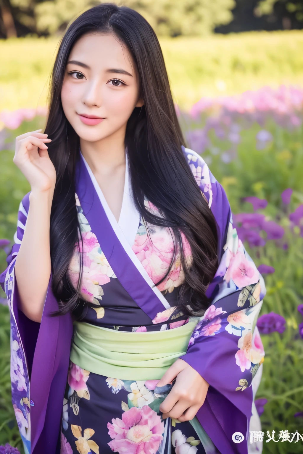 Super super realistic、high quality、Very detailed、Ultra-high resolution、Black Hair、Long Hair、The Beauty of Japan、No makeup、double、Wide-set eyes、Sensual eyes、Sleepy eyes、Apple Cheeks、Alabaster peel、Thin eyebrows 、teeth、Thick lips、Big Hips、sad、behind、Embarrassing 、Apply blush all over the face、Sticking out tongue、Mole under eye、Half-closed eyes、Hollow Eyes、envy、Exhausted、19 years old、height: 147cm、she wearing deep purple and black kimono、standing on Flower Meadow of Delphinium、sunlight、full body、blue sky、glint、