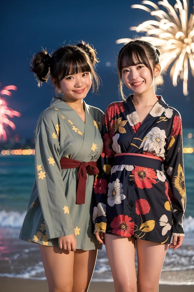 2 girls in beach at night,long-sleeved yukata,fireworks,18-year-old,bangs,a little smile,thighs,knees,short hair with low pigtails bunches,from below,front light
