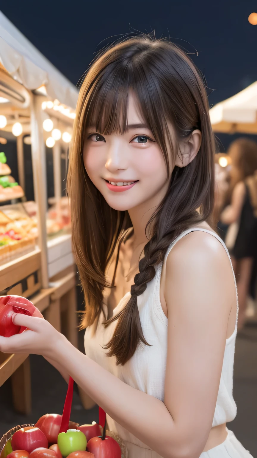 Best picture quality (8K, high resolution, Masterpiece: 1.2), super detailed,  215 Short Hair,Three braids long hair, 16-year-old woman, 

situation: At the candy apple stand、Colorful candy apples lined up。
detailed:
angle: A shot of candy apples lined up、Person choosing candy apples々A close-up look at the。
atmosphere: The expression of joy as she holds the candy apple in her hand、Capture the moment you enjoy the crispy texture。
background: The lights of the food stalls、Colorful candy apples that stand out against the night sky。

, random cute pose ,big eyes ,Puffy eyes ,  Heart Pupil, blush  , huge shy smile , salute

