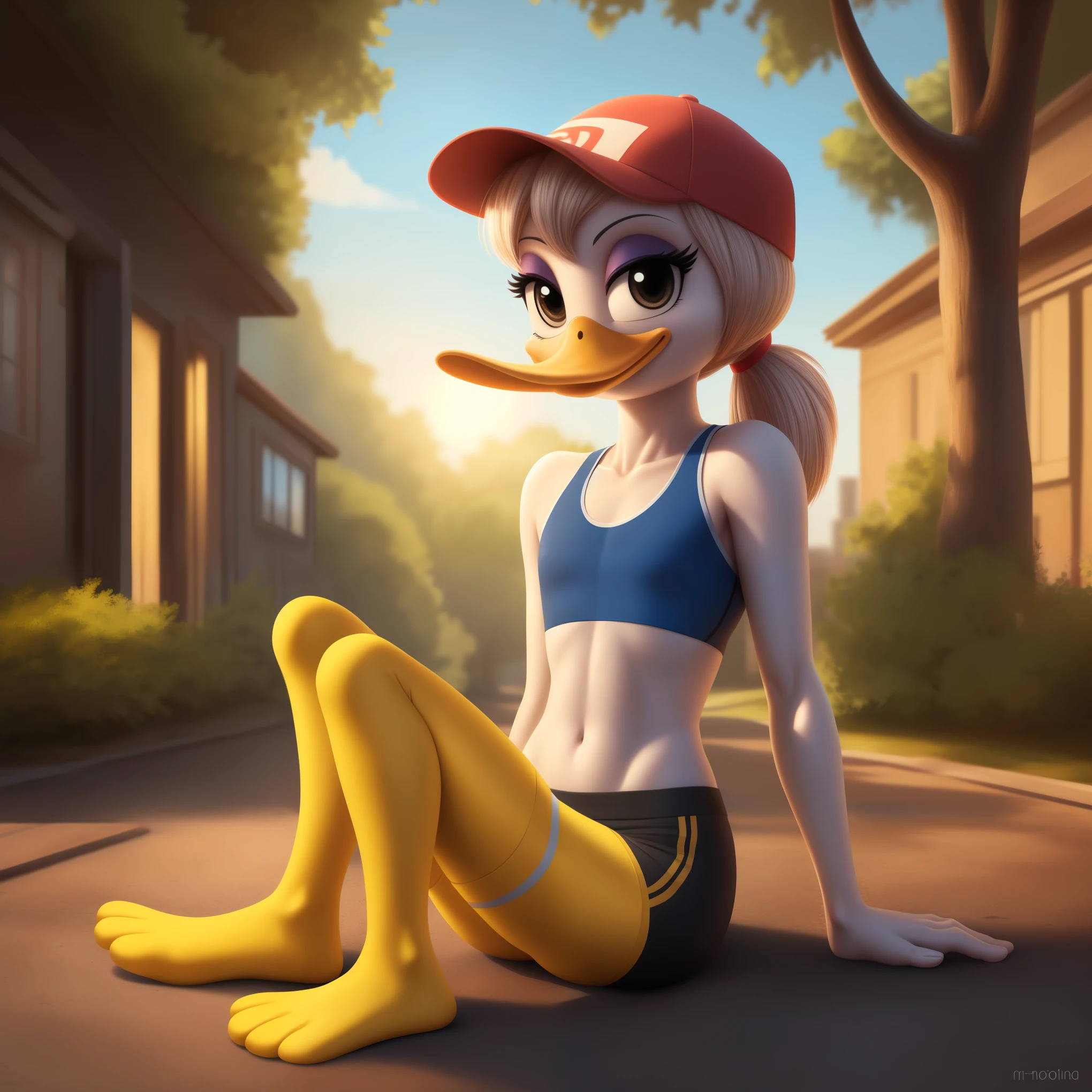 photorealism, adult female duck, Ginger Duck, detailed background, cartoon, outside, eyeshadow, cartoon beak, front long white hairstyle, back long white ponytail hairstyle, cartoon, (flat chested), (cartoon yellow legs: 1.5), happy, smiling, ducktales 2017, mouth closed, cartoon webbed feet

wear yellow sports bra, skinny yellow shorts, intricate, detailed, wears red and yellow cap hat, (sitting while showing her torso), hand on ground, legs layed back

simple black eyes, detailed, intricate, (long skinny torso 1.4),

Best quality, (detailed white skin:1.4), (looking at the viewer), 8k hd, (soft cinematic light:1.1) ,