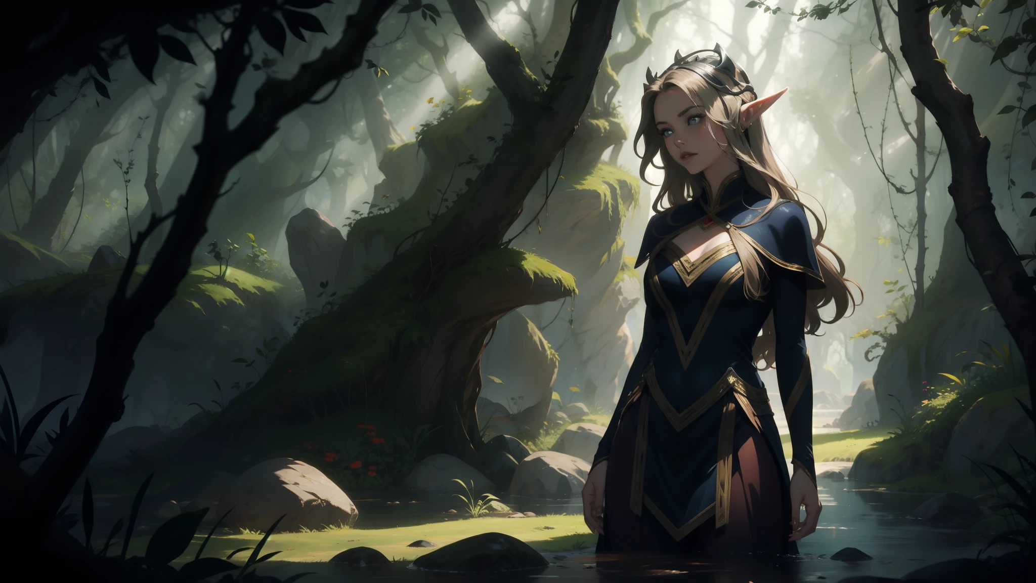 "Elf with a captivating look, unearthly beauty, flowing golden hair, pointed ears, dressed in elaborate elven attire, surrounded by a mystical forest, soft sunlight, breaking through lush greenery."