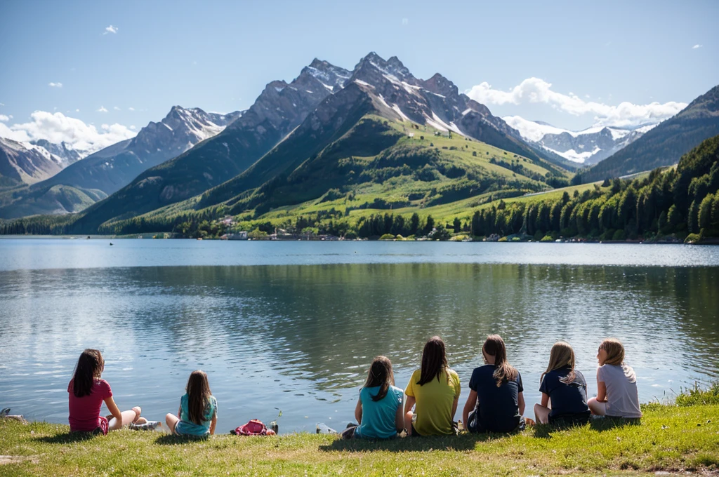 Italy. NSFW. Create a highly realistic scene set in the highlands of Lombardy, Italy, where a group of Italian girls, including 12-year-old teenagers and younger girls, are enjoying a picnic lunch by a mountain lake.
The group, made up of approximately 8-10 girls, is sitting on the grassy bank of a serene mountain lake. They are all dressed in colorful short-sleeved T-shirts, knee-length shorts and baseball caps of various bright colors. Their outfits are casual and sporty, ideal for a day of outdoor activities.
The slightly older and more confident 12-year-old girls are positioned in the center, sharing sandwiches and chatting animatedly. Their expressions are bright and cheerful, reflecting their enjoyment of the meal and the scenic surroundings.
Around them, sitting on the grass, even the youngest children, aged between 6 and 10, eat sandwiches and snacks. They are engaged in playful conversation, some giggling and others pointing out interesting places around the lake. Their caps and colorful T-shirts create a vibrant mosaic of colors on the lush green grass.
Some girls have small backpacks or picnic blankets spread out next to them, containing additional snacks, water bottles and personal items. A few pairs of sneakers and water bottles are placed casually nearby, helping to create a relaxed atmosphere.
In the background, many kids sitting having lunch on the grass, the clear and calm lake reflects the imposing and majestic mountains that rise near the shore. The peaks are rugged and imposing, with some patches of snow even in summer, enhancing the dramatic natural beauty of the scene. The sky above is partly cloudy, with rays of sunlight breaking through and illuminating the lake and the girls, casting a warm, golden light.
The scene captures the joyful and relaxed moment of the girls enjoying the picnic, with the beautiful backdrop of the mountain lake and peaks adding a sense of adventure and tranquility in the landscape of upper Lombardy.