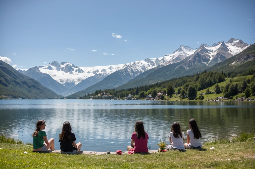Italy. NSFW. Create a highly realistic scene set in the highlands of Lombardy, Italy, where a group of Italian girls, including 12-year-old teenagers and younger girls, are enjoying a picnic lunch by a mountain lake.
The group, made up of approximately 8-10 girls, is sitting on the grassy bank of a serene mountain lake. They are all dressed in colorful short-sleeved T-shirts, knee-length shorts and baseball caps of various bright colors. Their outfits are casual and sporty, ideal for a day of outdoor activities.
The slightly older and more confident 12-year-old girls are positioned in the center, sharing sandwiches and chatting animatedly. Their expressions are bright and cheerful, reflecting their enjoyment of the meal and the scenic surroundings.
Around them, sitting on the grass, even the youngest children, aged between 6 and 10, eat sandwiches and snacks. They are engaged in playful conversation, some giggling and others pointing out interesting places around the lake. Their caps and colorful T-shirts create a vibrant mosaic of colors on the lush green grass.
Some girls have small backpacks or picnic blankets spread out next to them, containing additional snacks, water bottles and personal items. A few pairs of sneakers and water bottles are placed casually nearby, helping to create a relaxed atmosphere.
In the background, many kids sitting having lunch on the grass, the clear and calm lake reflects the imposing and majestic mountains that rise near the shore. The peaks are rugged and imposing, with some patches of snow even in summer, enhancing the dramatic natural beauty of the scene. The sky above is partly cloudy, with rays of sunlight breaking through and illuminating the lake and the girls, casting a warm, golden light.
The scene captures the joyful and relaxed moment of the girls enjoying the picnic, with the beautiful backdrop of the mountain lake and peaks adding a sense of adventure and tranquility in the landscape of upper Lombardy.