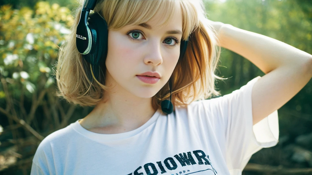 Beautiful blonde with big breasts in a T-shirt (wilderness、walk),Wearing headphones,Very detailed, 21 years old, Innocent face, Bob Hair, blue eyes, High resolution, masterpiece, Highest quality, Intricate details, Very detailed, Clear focus, Delicate skin, practical skin texture, texture, Delicate eyes, Professional, 4K, Sad face,despair、 Shot with Canon, 85mm, Shallow and deep,  Kodak Vision Color, Exactly, Very detailed, photograph_\(Extremist\), photographpractical, practical, Post-processing, Maximum details, Roughness, Real Life, Extremist practical, Photorealism, photographgraphy, 8K Ultra HD, photographgraphy