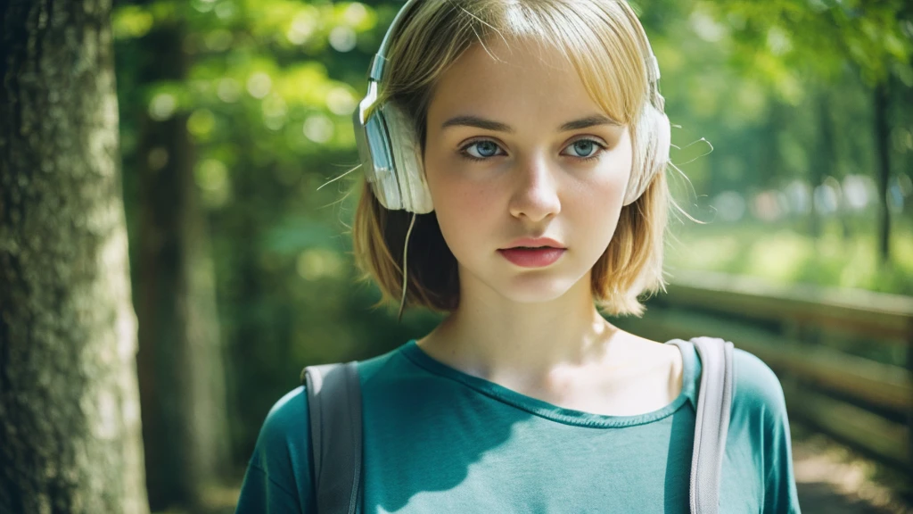 Beautiful blonde with big breasts in a T-shirt (wilderness、walk),Wearing headphones,Very detailed, 21 years old, Innocent face, Bob Hair, blue eyes, High resolution, masterpiece, Highest quality, Intricate details, Very detailed, Clear focus, Delicate skin, practical skin texture, texture, Delicate eyes, Professional, 4K, Sad face,despair、 Shot with Canon, 85mm, Shallow and deep,  Kodak Vision Color, Exactly, Very detailed, photograph_\(Extremist\), photographpractical, practical, Post-processing, Maximum details, Roughness, Real Life, Extremist practical, Photorealism, photographgraphy, 8K Ultra HD, photographgraphy