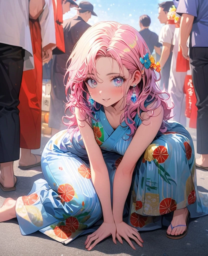 8K,gal,an extremely delicate and beautiful,Beautiful and realistic skin,Shiny jewel-like earrings,Long colorful hair,beautiful eyes,whole body,head to toe,beautiful regs,beautiful Jinbei,summer festival