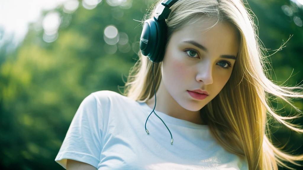 Beautiful blonde with big breasts in a T-shirt (Late night wilderness、walk),Wearing headphones,Very detailed, 21 years old, Innocent face, Long Straight Hair, blue eyes, High resolution, masterpiece, Highest quality, Intricate details, Very detailed, Clear focus, Delicate skin, practical skin texture, texture, Delicate eyes, Professional, 4K, Sad face,despair、 Shot with Canon, 85mm, Shallow and deep,  Kodak Vision Color, Exactly, Very detailed, photograph_\(Extremist\), photographpractical, practical, Post-processing, Maximum details, Roughness, Real Life, Extremist practical, Photorealism, photographgraphy, 8K Ultra HD, photographgraphy