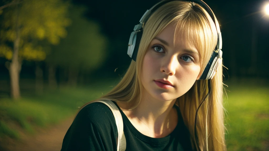 Beautiful blonde with big breasts in a T-shirt (Late night wilderness、walk),Wearing headphones,Very detailed, 21 years old, Innocent face, Long Straight Hair, blue eyes, High resolution, masterpiece, Highest quality, Intricate details, Very detailed, Clear focus, Delicate skin, practical skin texture, texture, Delicate eyes, Professional, 4K, Sad face,despair、 Shot with Canon, 85mm, Shallow and deep, Kodak Vision Color, Exactly, Very detailed, photograph_\(Extremist\), photographpractical, practical, Post-processing, Maximum details, Roughness, Real Life, Extremist practical, Photorealism, photographgraphy, 8K Ultra HD, photographgraphy